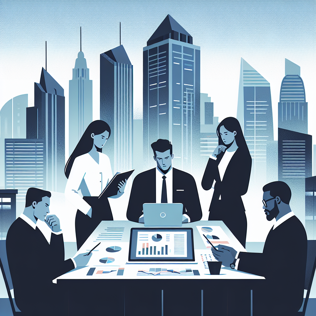 A modern European city skyline with a diverse group of people reviewing financial documents and a laptop showing loan comparison charts, clean flat design