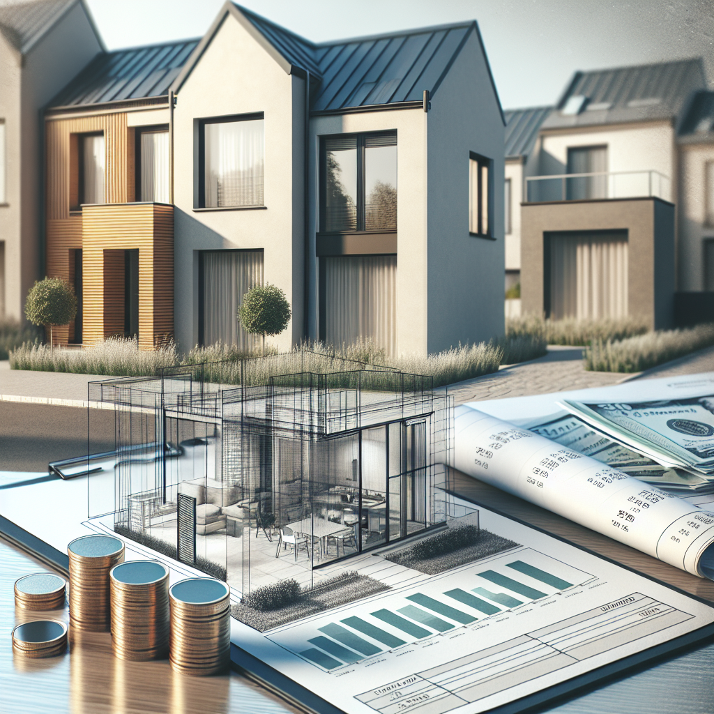 A modern European townhouse with a blueprint overlay and loan documents on a table, showing home improvement plans and financial charts, clean and professional style
