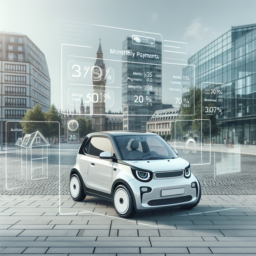 Modern European street scene with a compact electric car parked, overlaid with a transparent digital auto loan calculator UI showing monthly payments and percentages, clean professional style