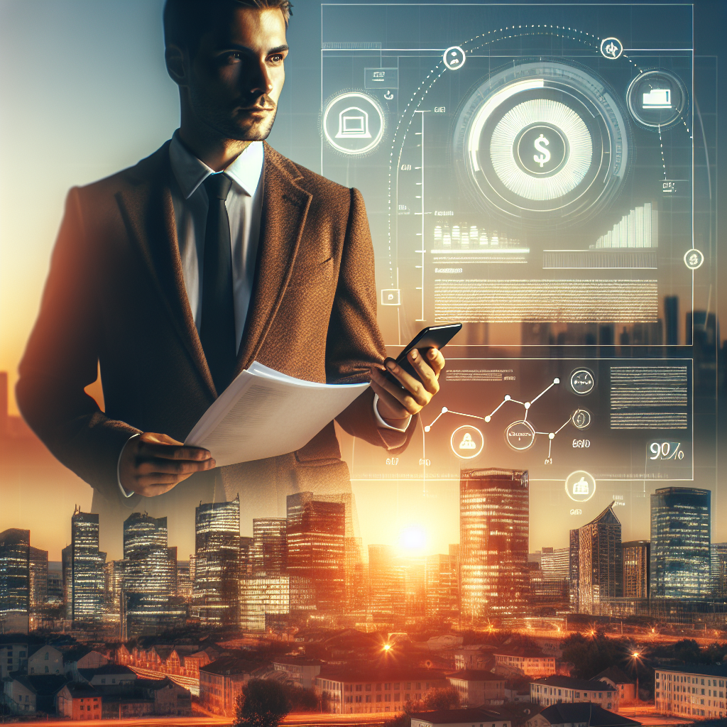 A modern, clean image showing a European city skyline background with a person holding documents and a smartphone displaying loan comparison charts, warm professional color palette