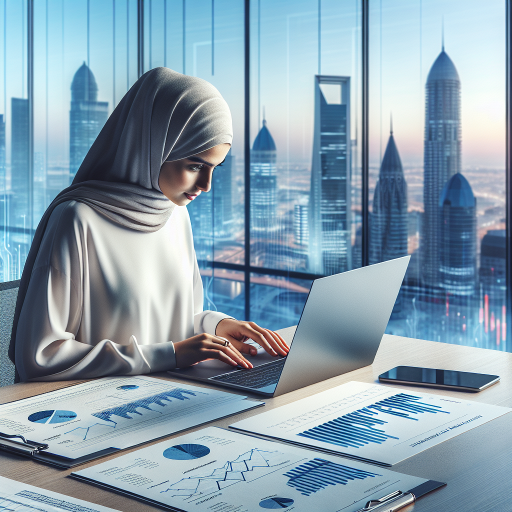 A modern European banking scene: borrower reviewing mortgage documents with laptop, charts and a European city skyline in the background, professional and clean style