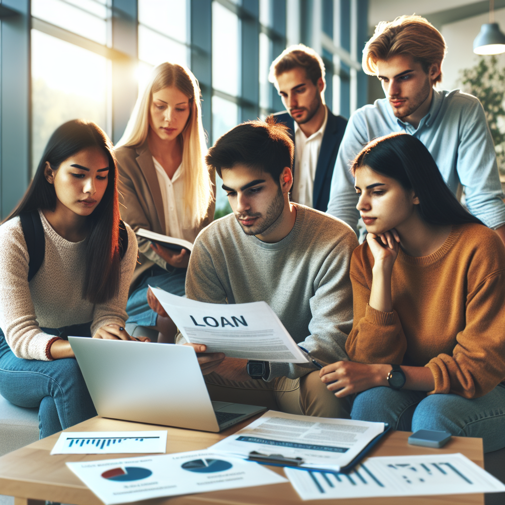 Young diverse European students studying together with loan documents and a laptop showing financial charts, modern university setting, bright natural light