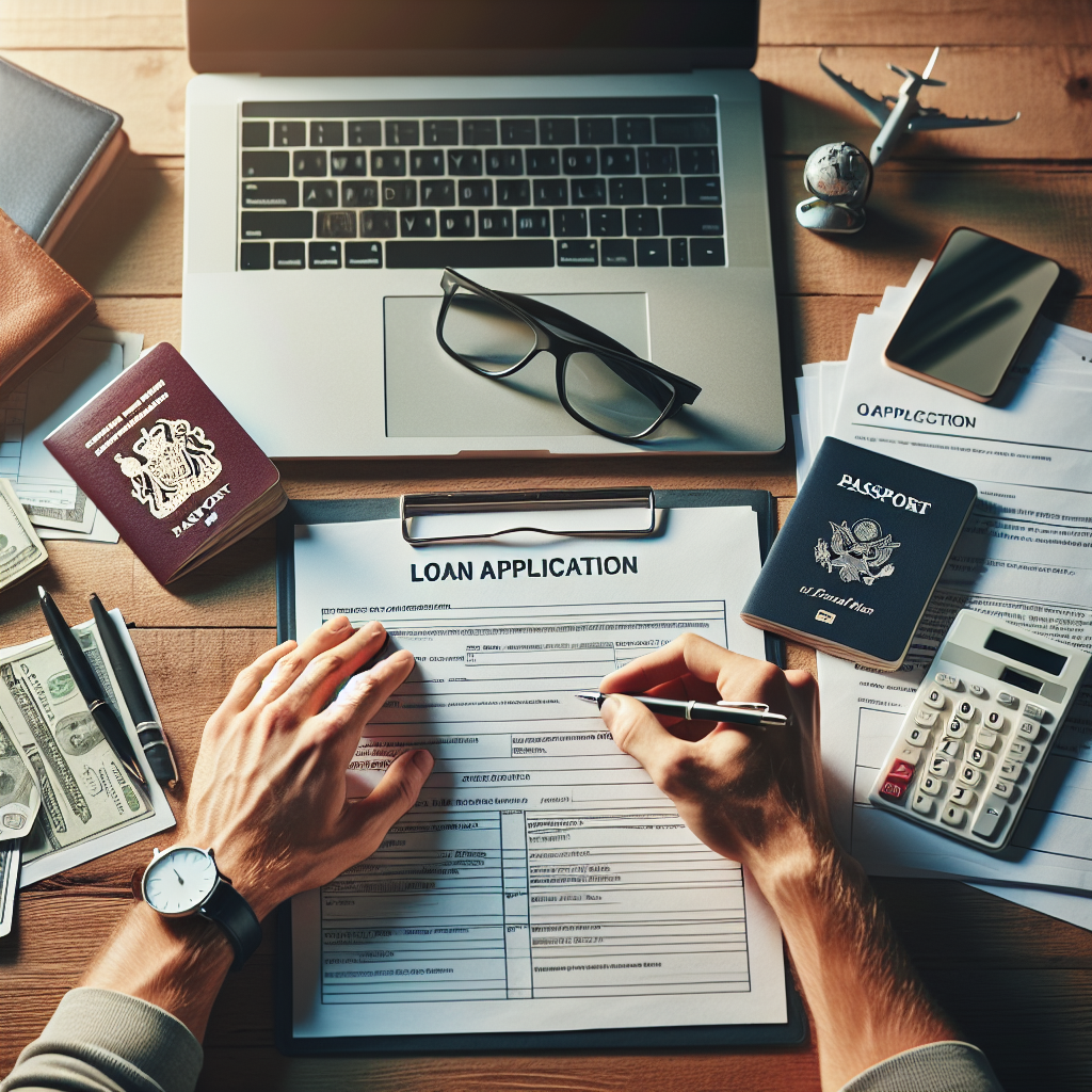 Professional overhead shot of a European borrower preparing a loan application: passport, bank statements, calculator, and a laptop displaying a loan checklist on a wooden desk, warm natural light