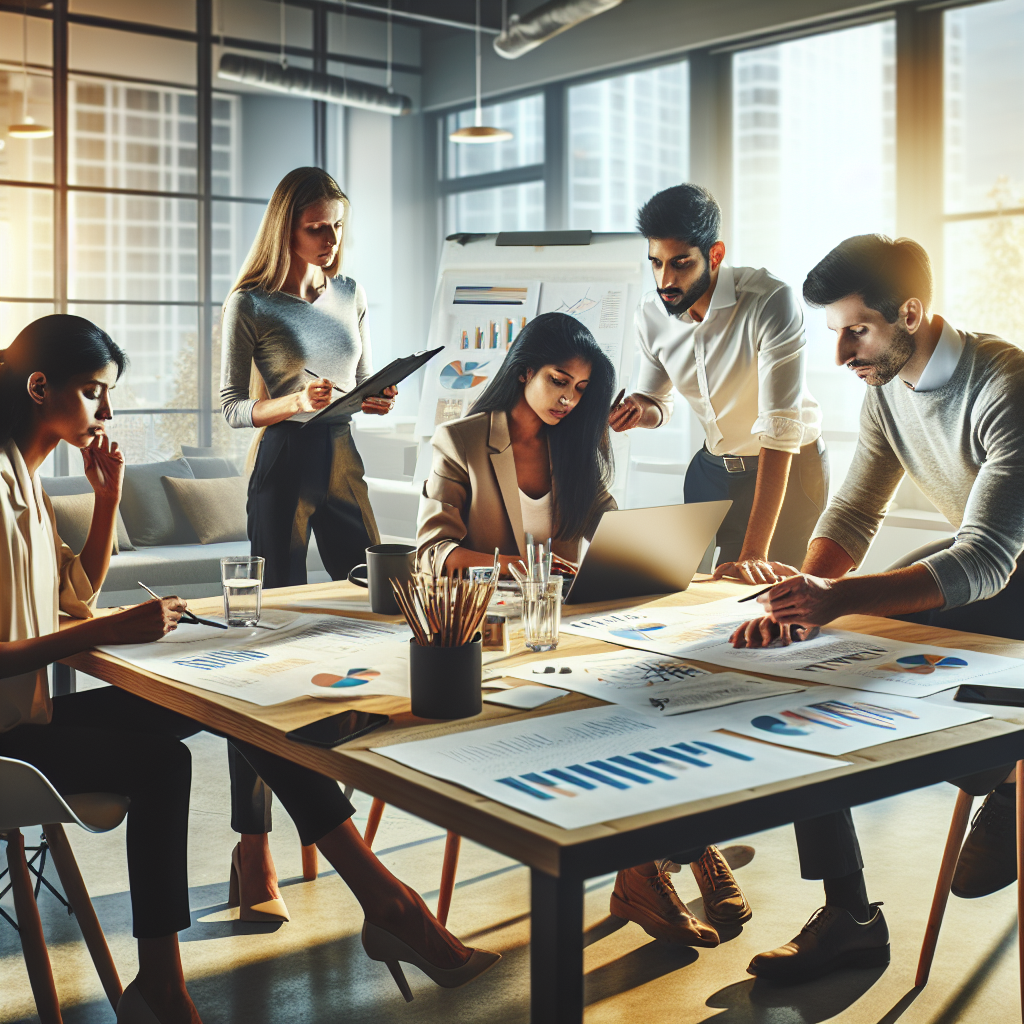 A modern European startup office scene showing diverse founders reviewing loan documents and a laptop with charts, soft natural light, professional, optimistic tone