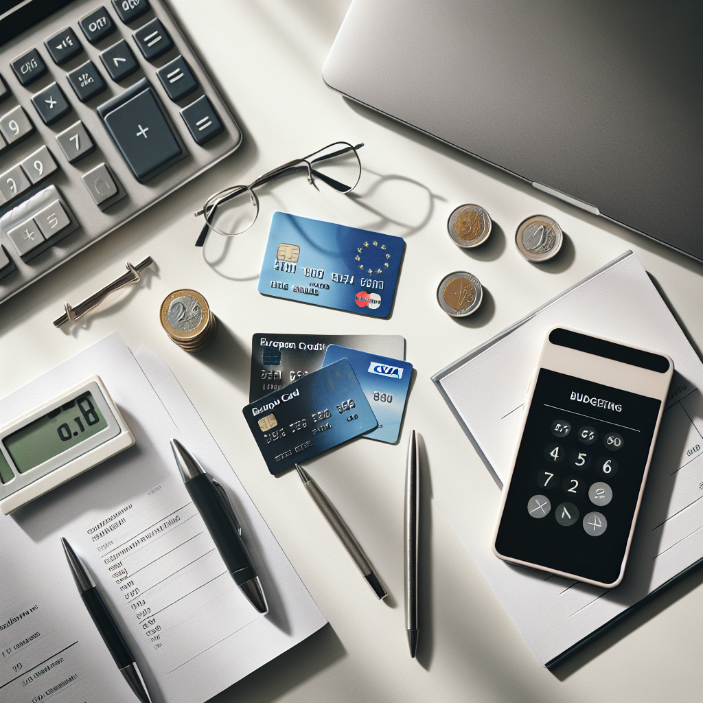 A modern flat-lay of European credit cards, a calculator, and budgeting notes on a clean desk, soft natural light, professional financial website style
